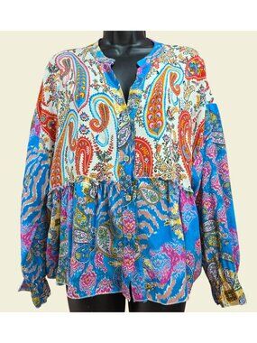 Gigi Moda Paisley Print Button-Up Blouse Top Medium